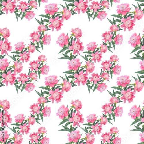 Seamless pattern with beautiful pink peonies isolated on white. © Mariia