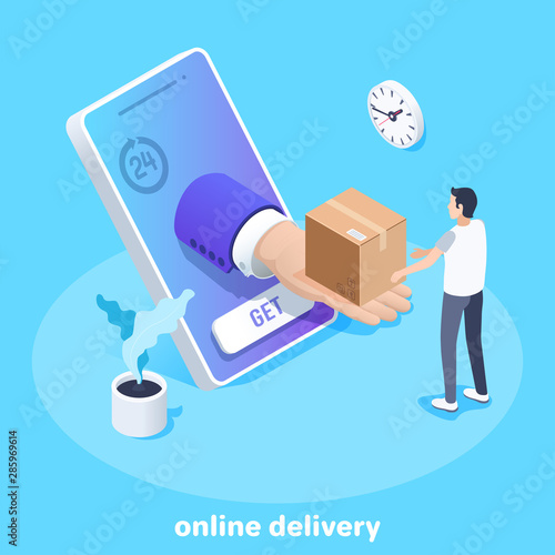 isometric vector image on a blue background, a man in a business suit transmits a parcel in the form of a box through the screen of a smartphone, online shopping and delivery
