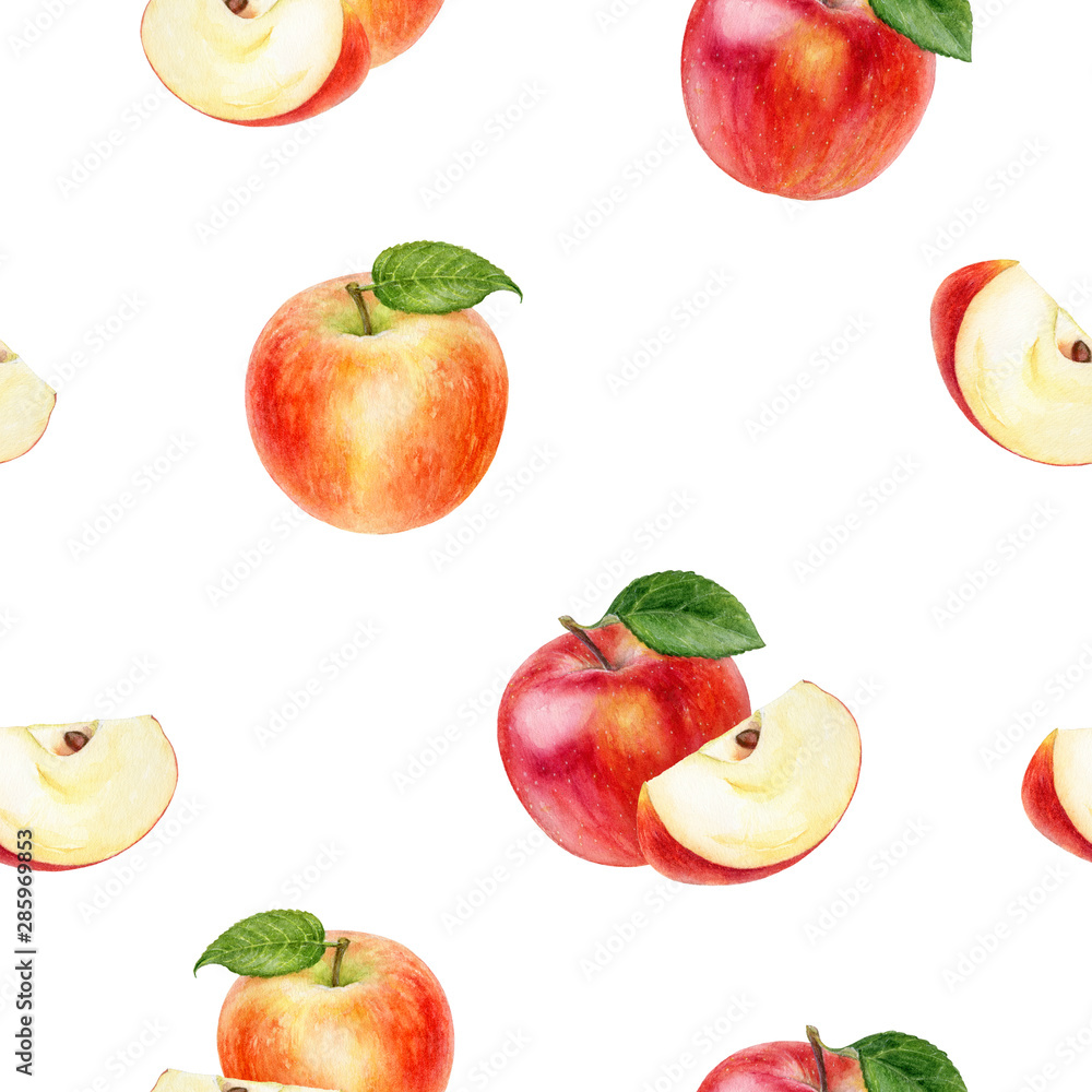 Naklejka premium Apple fruit hand drawn watercolor illustration. Seamless pattern.