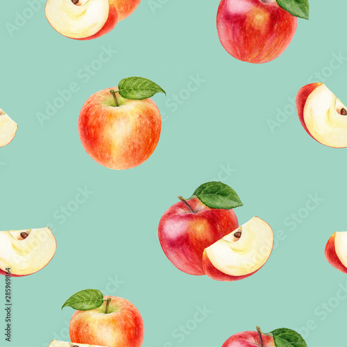 Fototapeta Naklejka Na Ścianę i Meble -  Apple fruit hand drawn watercolor illustration. Seamless pattern.