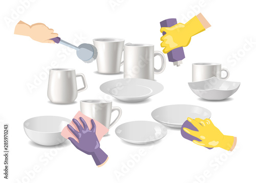 Cleaning service and household hygiene vector illustration. Hands in yellow gloves holding sponge scrubbing the dirty plates and cups with dish cleaning liquid.