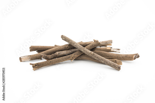 Bunch of branches old wood collection closeup white isolated
