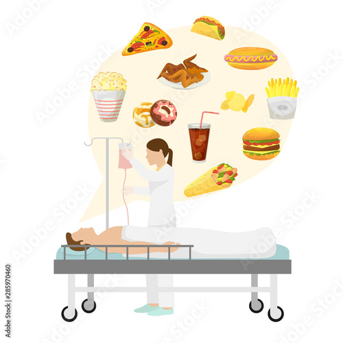 Obesity from fast food, diabetes or cardiovascular system patient with doctor vector illustration. Problems from fastfood, diseases. Patient, drop counter and nutrition doctor.