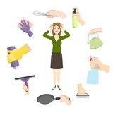 Housewife woman stress from daily home burdens and problems vector illustration. Woman exhausted in stress overloaded with cooking or washing and house cleaning.