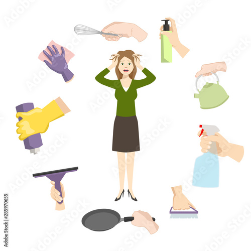 Housewife woman stress from daily home burdens and problems vector illustration. Woman exhausted in stress overloaded with cooking or washing and house cleaning.