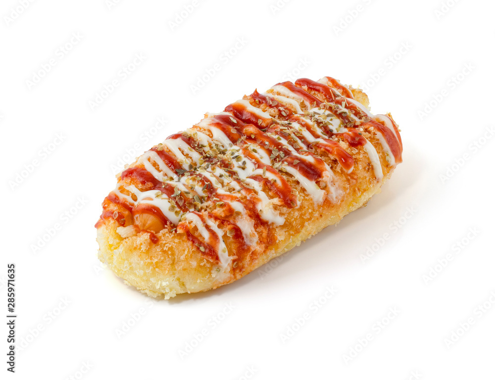 Crispy bread and sausage topped with sauce isolated on white background Crispy bread and sausage topped with sauce isolated on white background