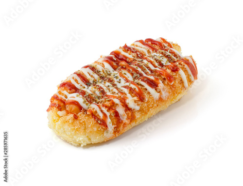 Crispy bread and sausage topped with sauce isolated on white background