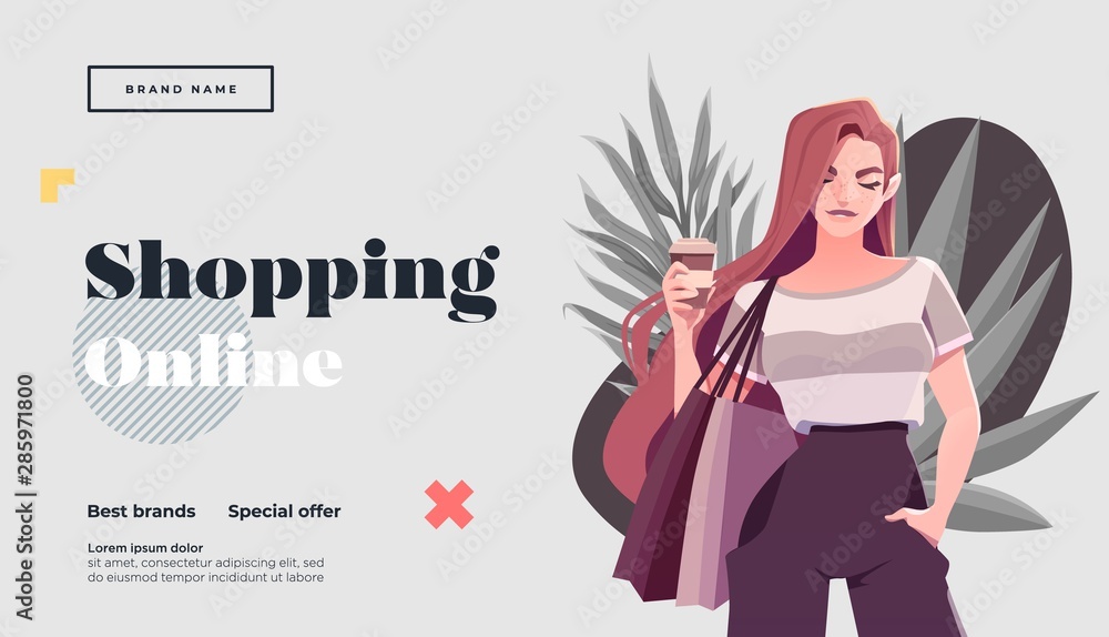 Obraz Online shopping landing page or banner template. Girl with shopping, packages. Flat Happy Female Character with Shopping Bags. Vector Illustration