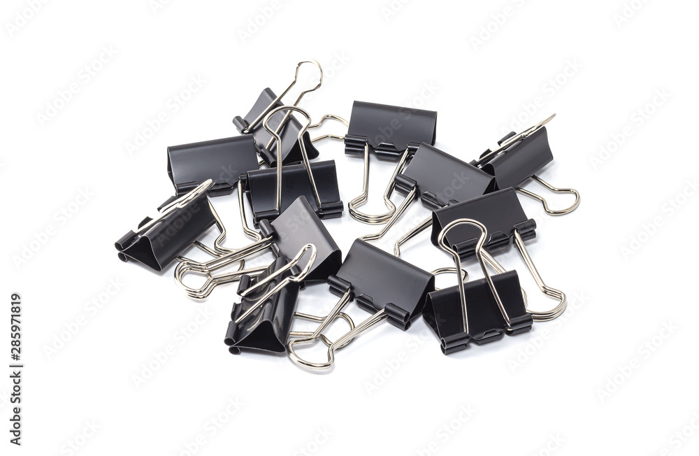 Black paper clips isolated on white background
