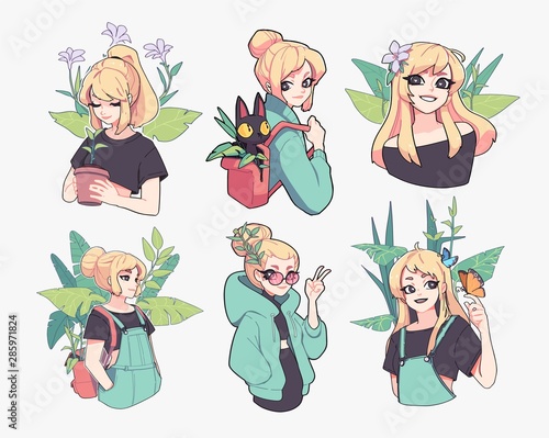 Collection of illustrations of yong girl related to gardening, flowers and summer. Vector illustration