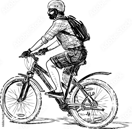 Sketch of bearded men riding a bicycle on summer day