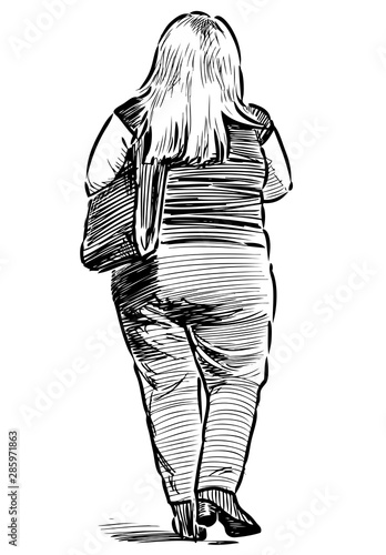 Sketch of casual blonde townswoman going down street on summer day