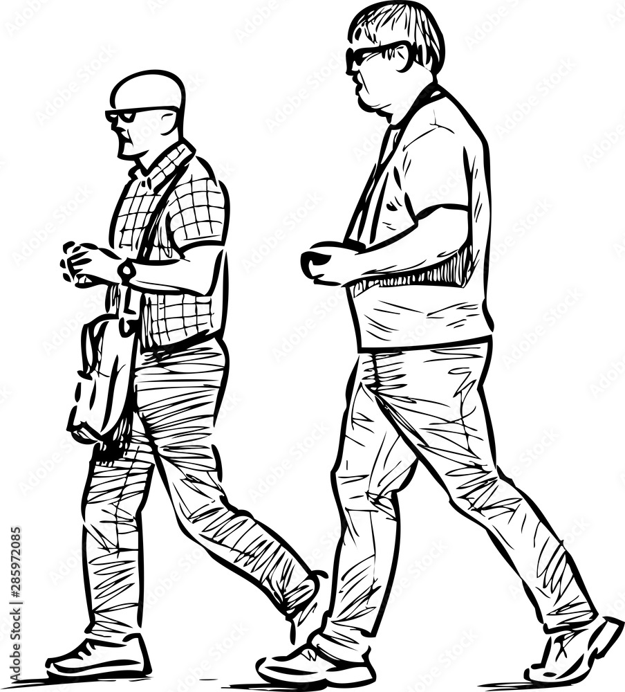 Sketch of tourists men striding down street on summer day Sketch of tourists men striding down street on summer day