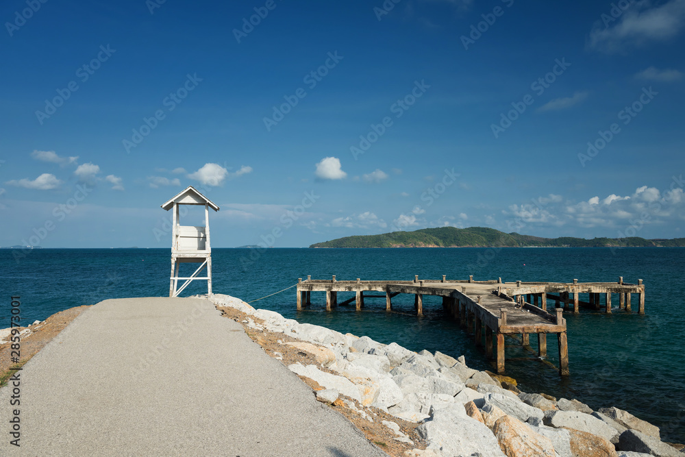 wooden lighthouse and blue sea, Rayong