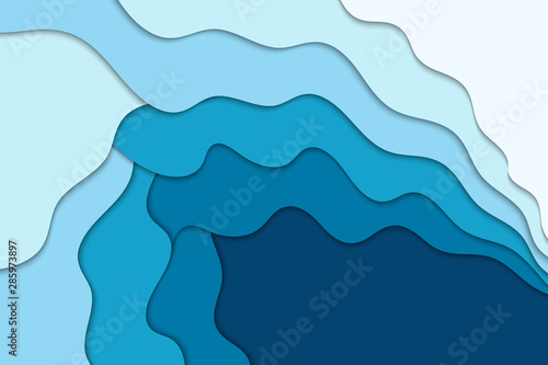 Background with white and blue waves. Abstract wavy paper background.