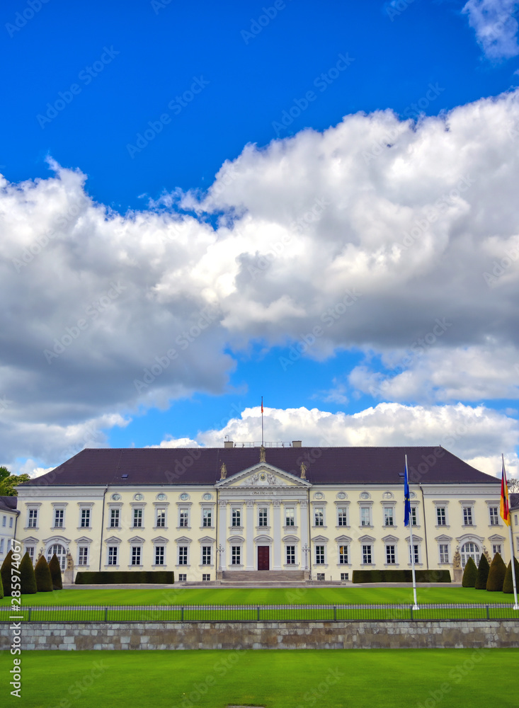 Berlin, Germany - May 5, 2019 - Bellevue Palace, the official residence of the Federal President of the Federal Republic of Germany located in Berlin's Tiergarten district.