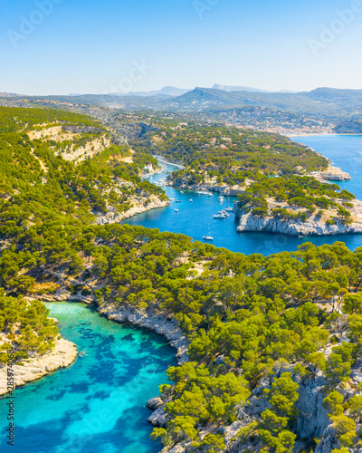 Panoramic view of Calanques National Park near Cassis fishing village, Provence, South France, Europe, Mediterranean sea