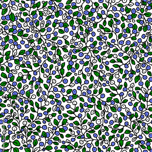Colored flat seamless pattern, fresh blueberry bushes drawing, handmade. Vector illustration for wrapper, packaging, wallpaper and design, isolated on background.