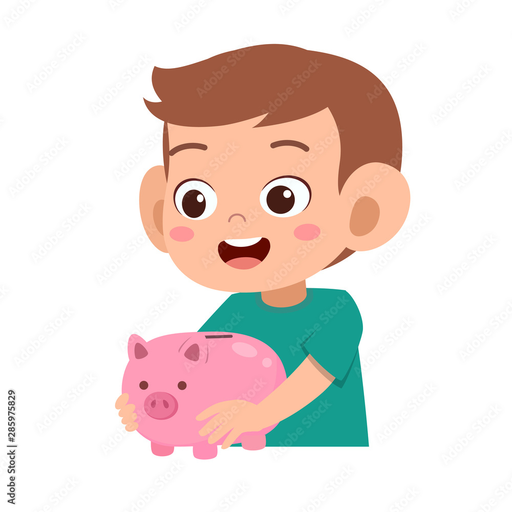happy kid holding piggy bank vector happy kid holding piggy bank vector