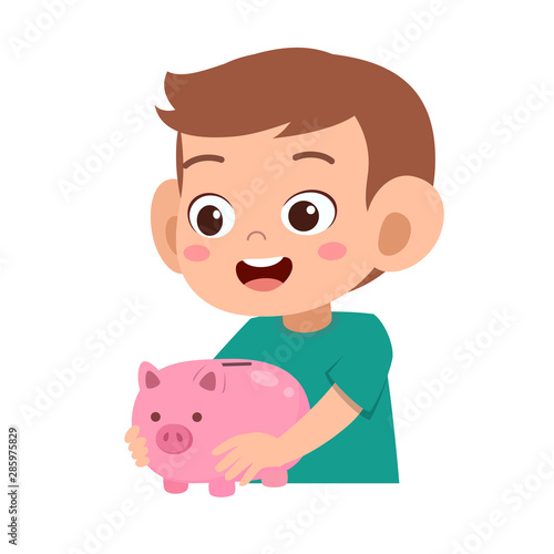 happy kid holding piggy bank vector