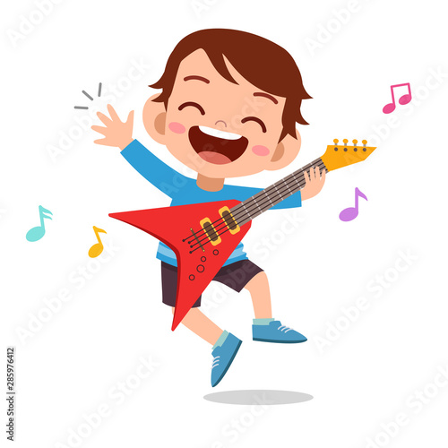 happy kid play electric guitar music vector