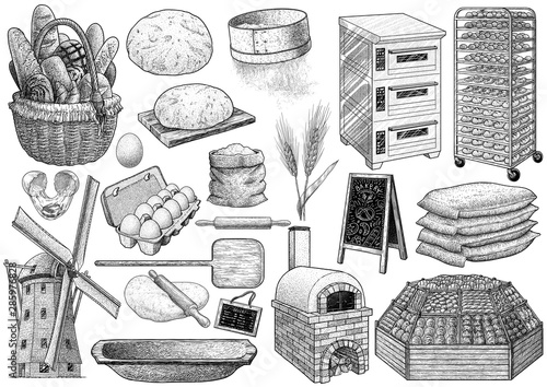 Bakery equipment illustration, drawing, engraving, ink, line art, vector