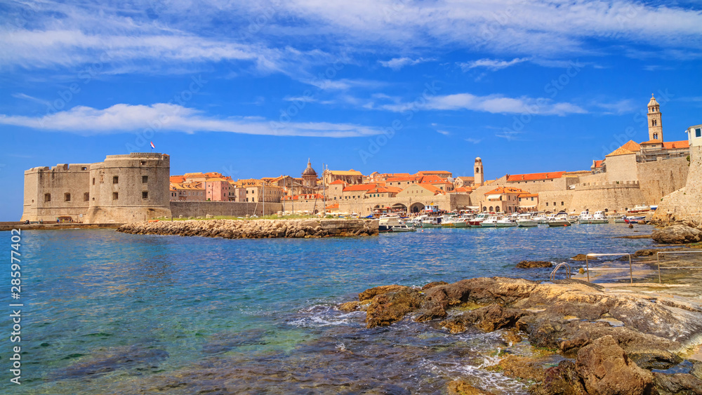 Coastal summer landscape - view of the City Harbour and marina of the Old Town of Dubrovnik on the Adriatic coast of Croatia