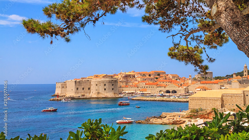 Coastal summer landscape - view of the City Harbour and marina of the Old Town of Dubrovnik on the Adriatic coast of Croatia