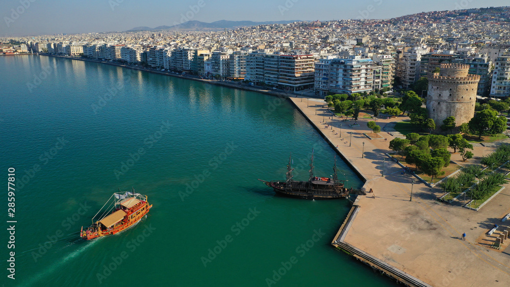 Aerial drone view of iconic historic landmark - old byzantine White Tower of Thessaloniki or Salonica, North Greece Aerial drone view of iconic historic landmark - old byzantine White Tower of Thessaloniki or Salonica, North Greece