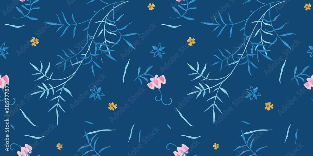 Bright cobalt color modern illustration plate decoration. Repeating leaves, petal thorns pattern. Soulful flora expression. Mediterranean cloth yard decor. Elegance plate serving seamless ornament