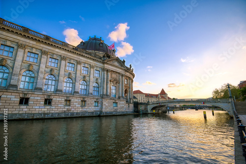 Berlin, Germany - May 4, 2019 - The Bode Museum located on Museum Island in the Mitte borough of Berlin, Germany at dusk.