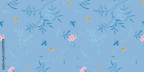 Bluestone pattern design. Wrapping gift paper flower decoration. Hand painted gouache elegant leaves and twigs. Elegance Middle Ages floral ornament. Floral seamless pattern for Mediterranean decor