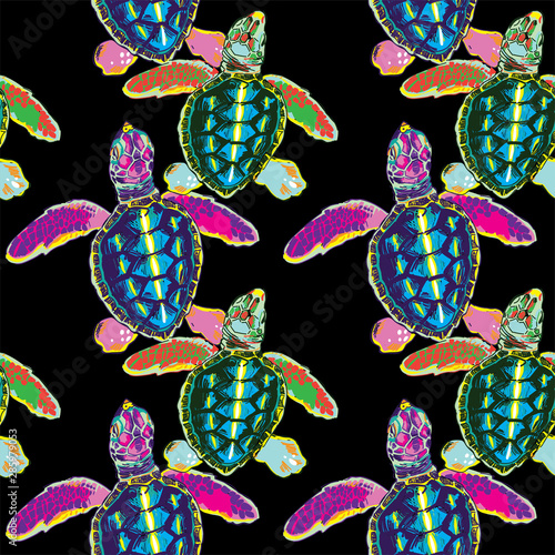 Seamless pattern with little sea turtles. Turtles crawl to the water. Multi-colored print.