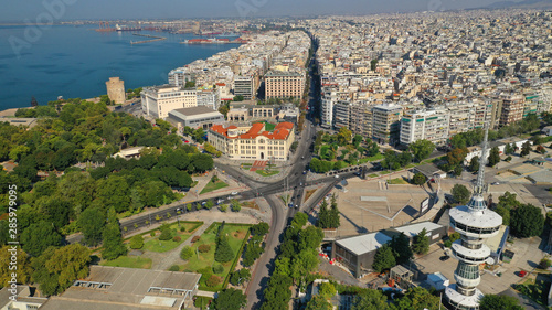 Aerial drone viewof iconic and famous promenade area in new waterfront of Thessaloniki or Salonica featuring iconic Alexander the Great statue, North Greece