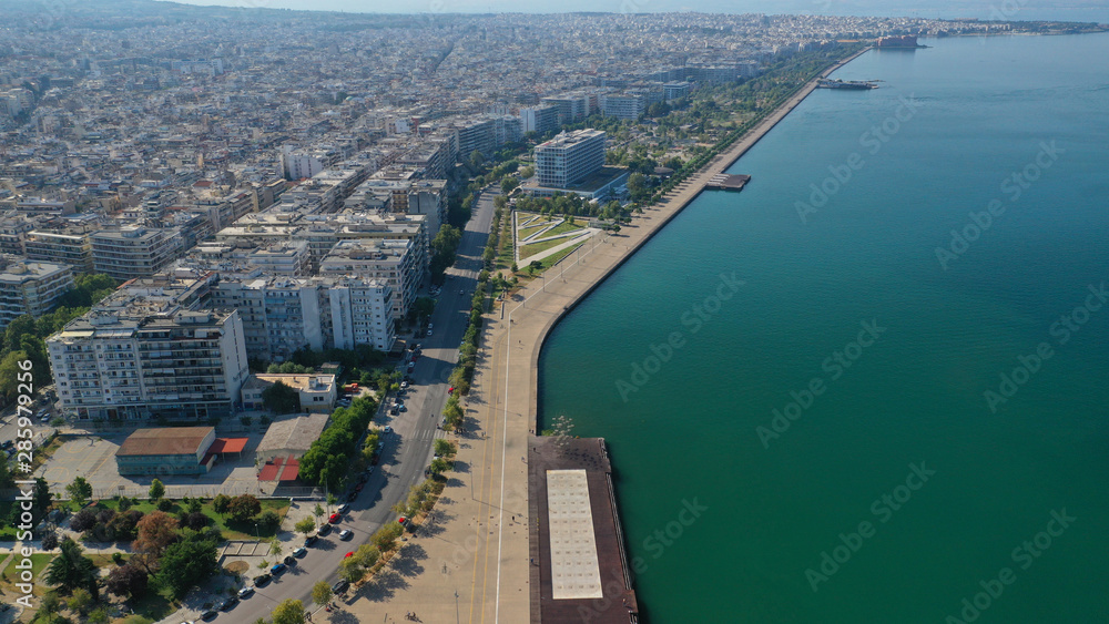 Aerial drone viewof iconic and famous promenade area in new waterfront of Thessaloniki or Salonica featuring iconic Alexander the Great statue, North Greece Aerial drone viewof iconic and famous promenade area in new waterfront of Thessaloniki or Salonica featuring iconic Alexander the Great statue, North Greece