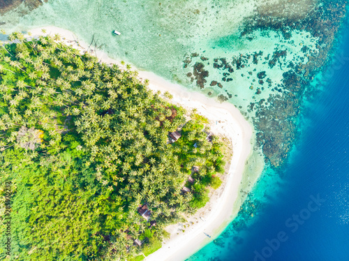 Aerial top down view Banyak Islands Sumatra tropical Indonesia, coral reef white sand beach beach turquoise water. Travel destination, diving snorkeling, uncontaminated environment ecosystem