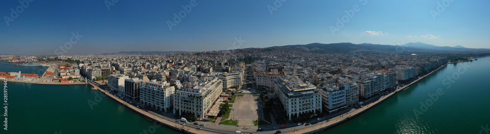 Aerial drone panoramic view of iconic Aristotelous square in the heart of Thessalloniki or Salonica, North Greece