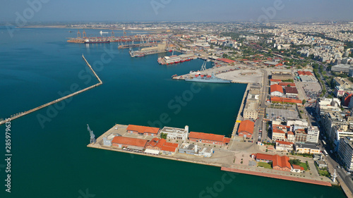Aerial drone photo of commercial port of Thessaloniki or Salonica, North Greece