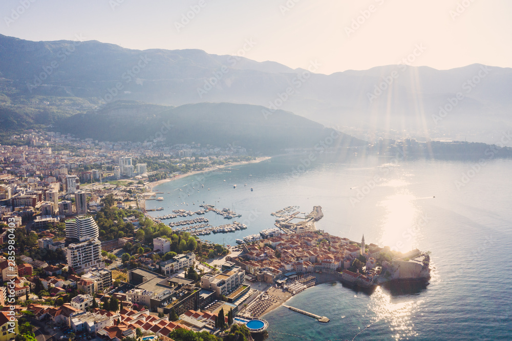 aerial view of the Old Town Budva in the morning sunrise