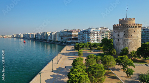Aerial drone viewof iconic and famous promenade area in new waterfront of Thessaloniki or Salonica featuring iconic Alexander the Great statue, North Greece