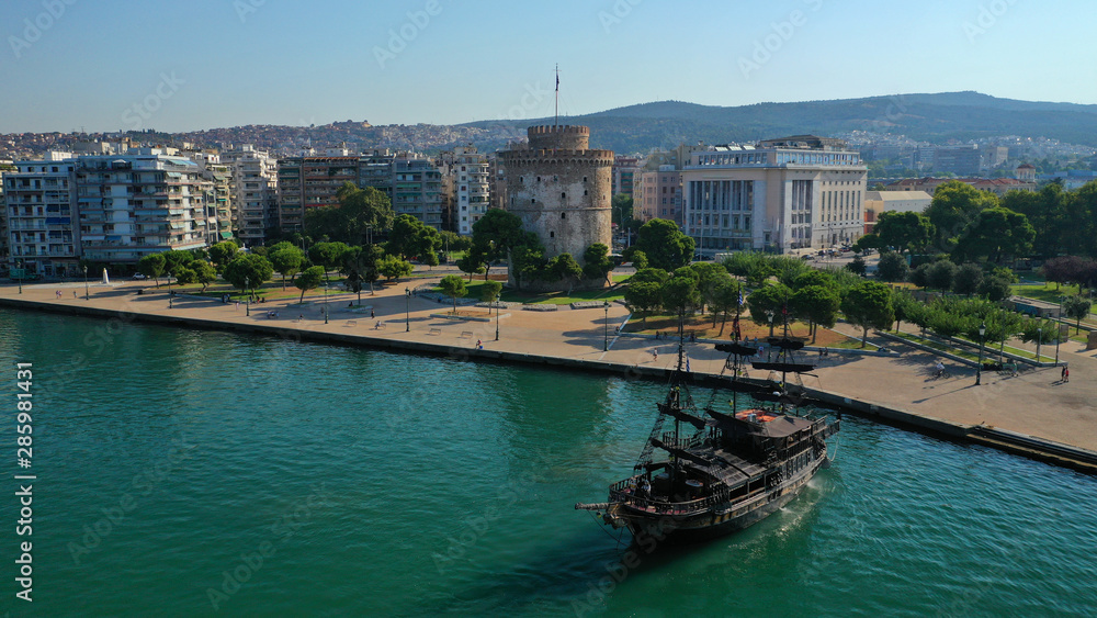 Aerial drone view of iconic historic landmark - old byzantine White Tower of Thessaloniki or Salonica, North Greece Aerial drone view of iconic historic landmark - old byzantine White Tower of Thessaloniki or Salonica, North Greece