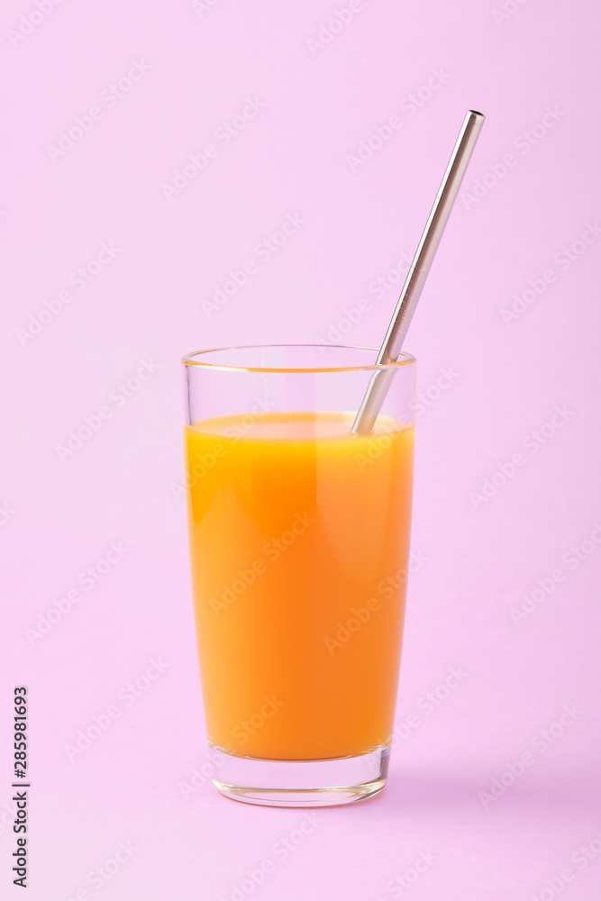 Two Orange Juice Glass with Metallic Steel Tubes Two Orange Juice Glass with Metallic Steel Tubes