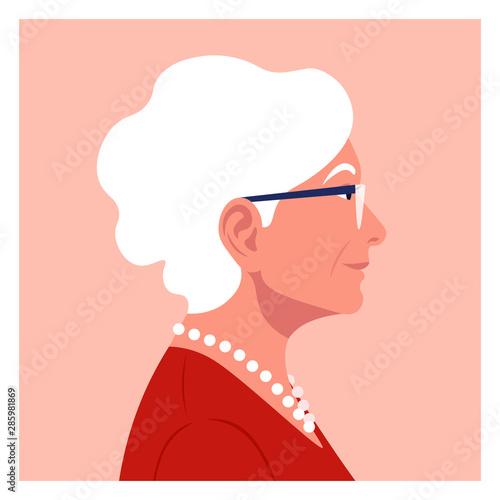 Profile of an elderly woman. The face of the pensioner is on the side. Avatar. Vector Flat Illustration