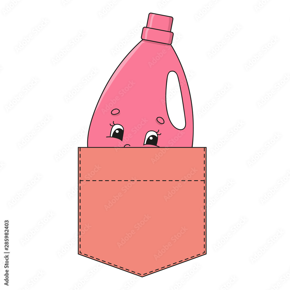 Pink cleanser in shirt pocket. Cute character. Colorful vector illustration. Cartoon style. Isolated on white background. Design element. Template for your shirts, books, stickers, cards, posters. Pink cleanser in shirt pocket. Cute character. Colorful vector illustration. Cartoon style. Isolated on white background. Design element. Template for your shirts, books, stickers, cards, posters.
