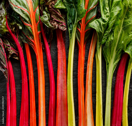 Fotografia Swiss chard in different colors, multi colored  stems on a black background, top