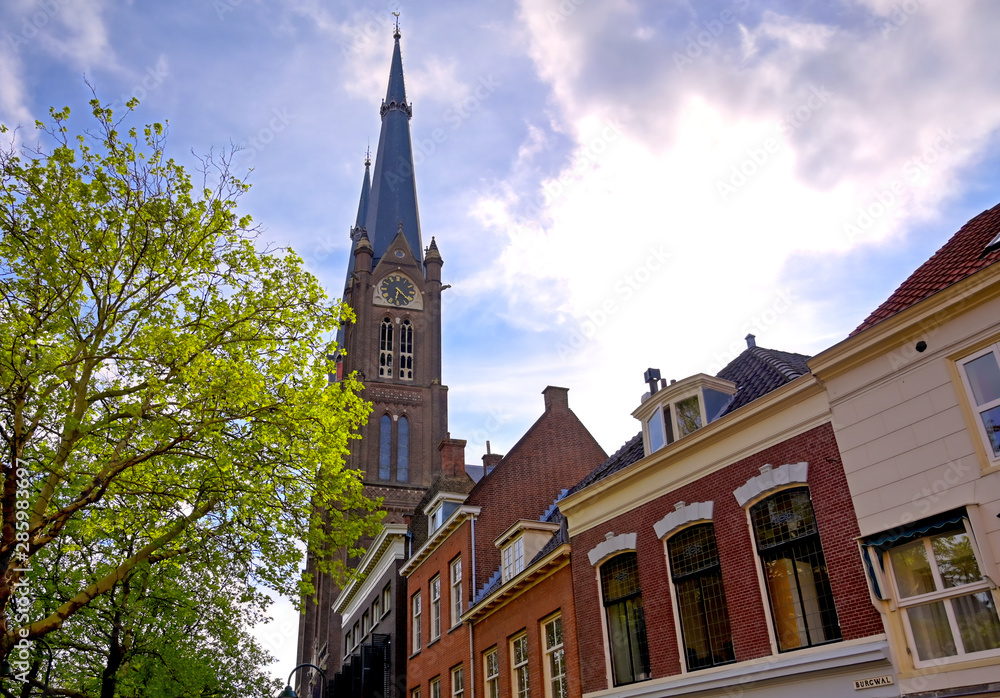Architecture along the streets in the city of Delft in the Netherlands on a sunny day.