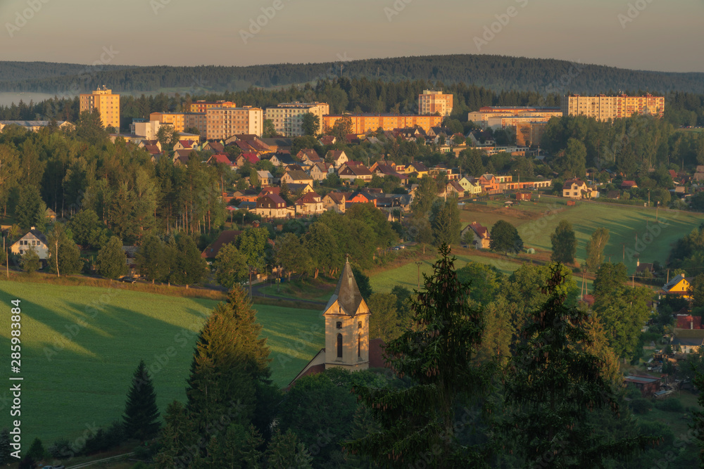 Rotava town in sunrise time with block of flats in summer morning