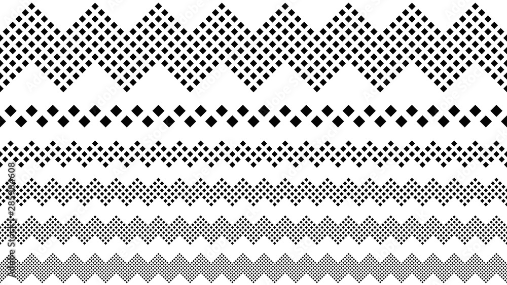 Repeating geometrical square pattern page break set - monochrome abstract vector graphic design elements from squares