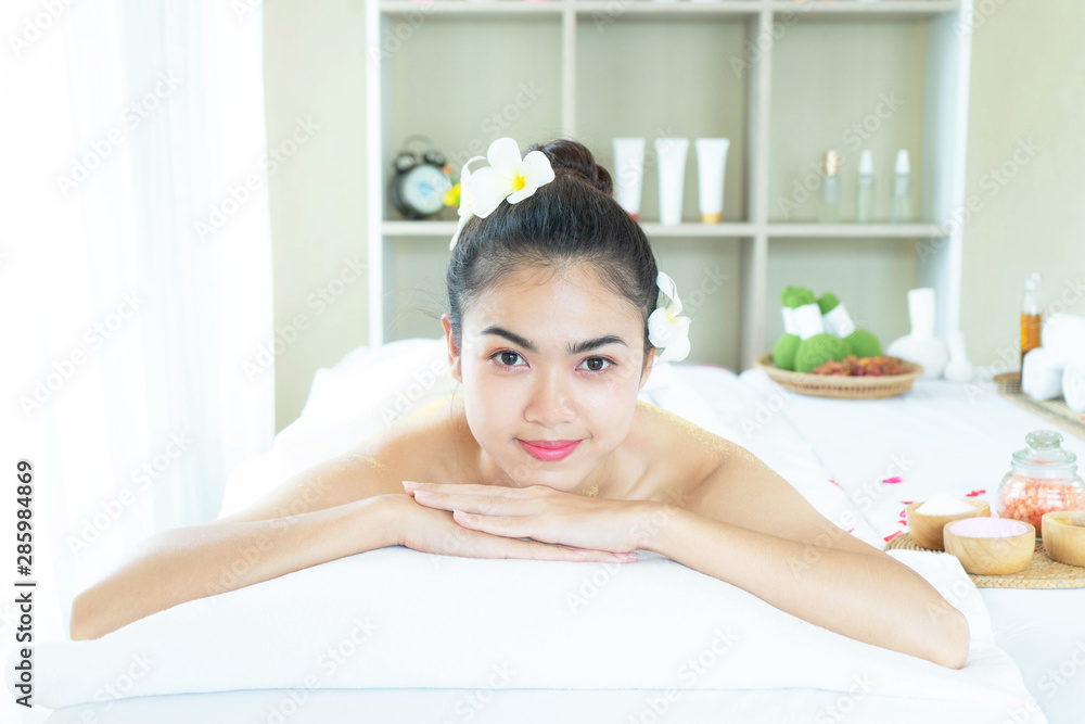 Beautiful Young Asian woman looking happy at spa salon Beautiful Young Asian woman looking happy at spa salon