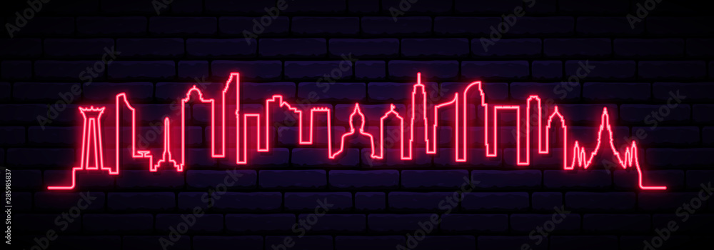 Fototapeta Czerwony neon panoramę Bangkoku. Jasny długi baner miasta Bangkok. Ilustracja wektorowa.